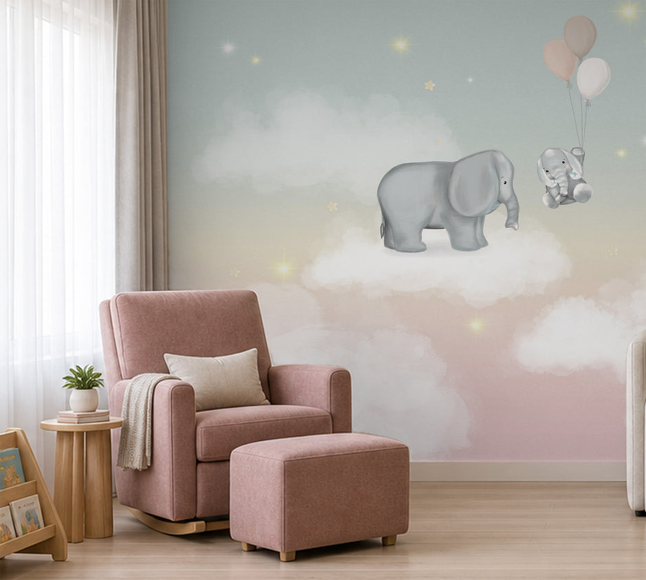Pastel Uçaklar Duvar Kağıdı; pembe koltuğun arkasında bulut üstünde fil ve balonlu yavru fil | Craft Paper Co