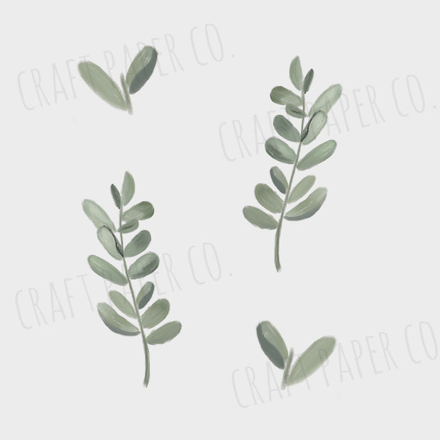 Pastoral Mini Sticker Seti tasarımı; açık fonda yeşil gri tonlarında yaprak dalları ve tek yapraklar | Craft Paper Co