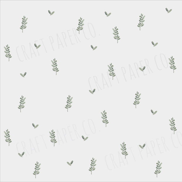 Pastoral Mini Sticker Seti; açık gri fonda seyrek dağıtılmış mini yaprak dallarının yerleşim örneği | Craft Paper Co