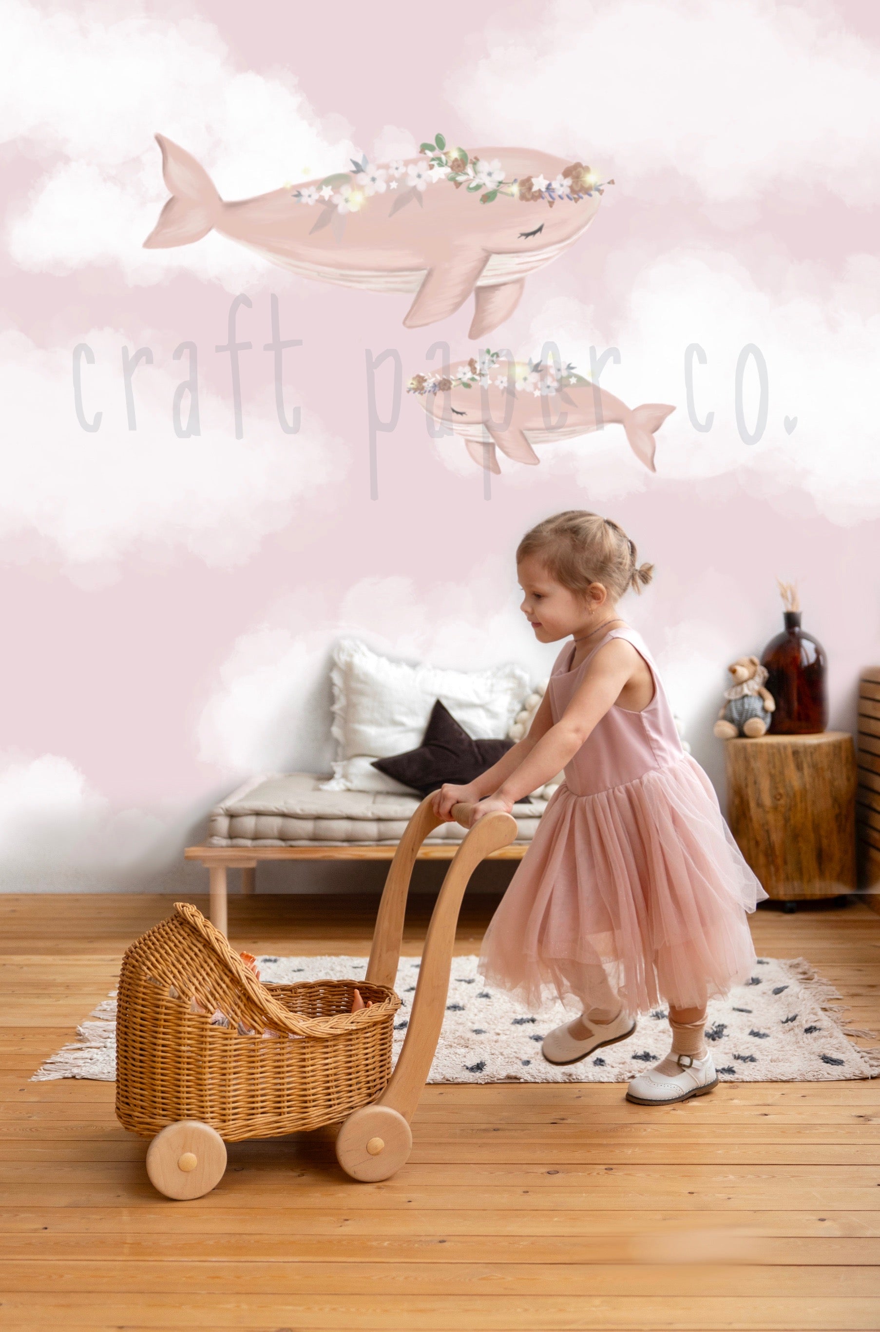 Pembe Balinalar Kız Çocuk Odası Duvar Kağıdı — El çizimi, ölçüye özel üretim | Craft Paper Co