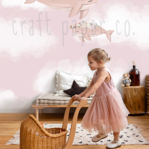 Pembe Balinalar Kız Çocuk Odası Duvar Kağıdı — El çizimi, ölçüye özel üretim | Craft Paper Co