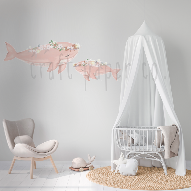 Pembe Balinalar Çocuk Odası Duvar Sticker — detay görünümü | Craft Paper Co