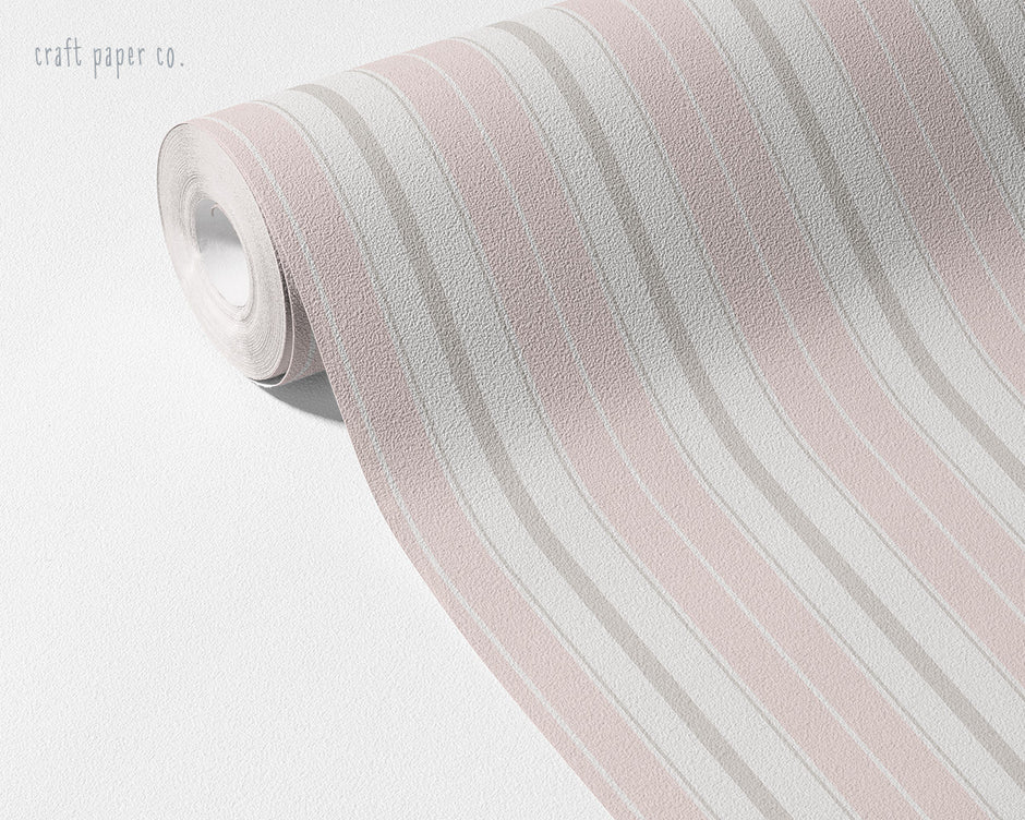 Pembe Bej Romantik Çizgili Duvar Kağıdı; açılmış rulo üzerinde pembe ve bej ince çizgiler | Craft Paper Co