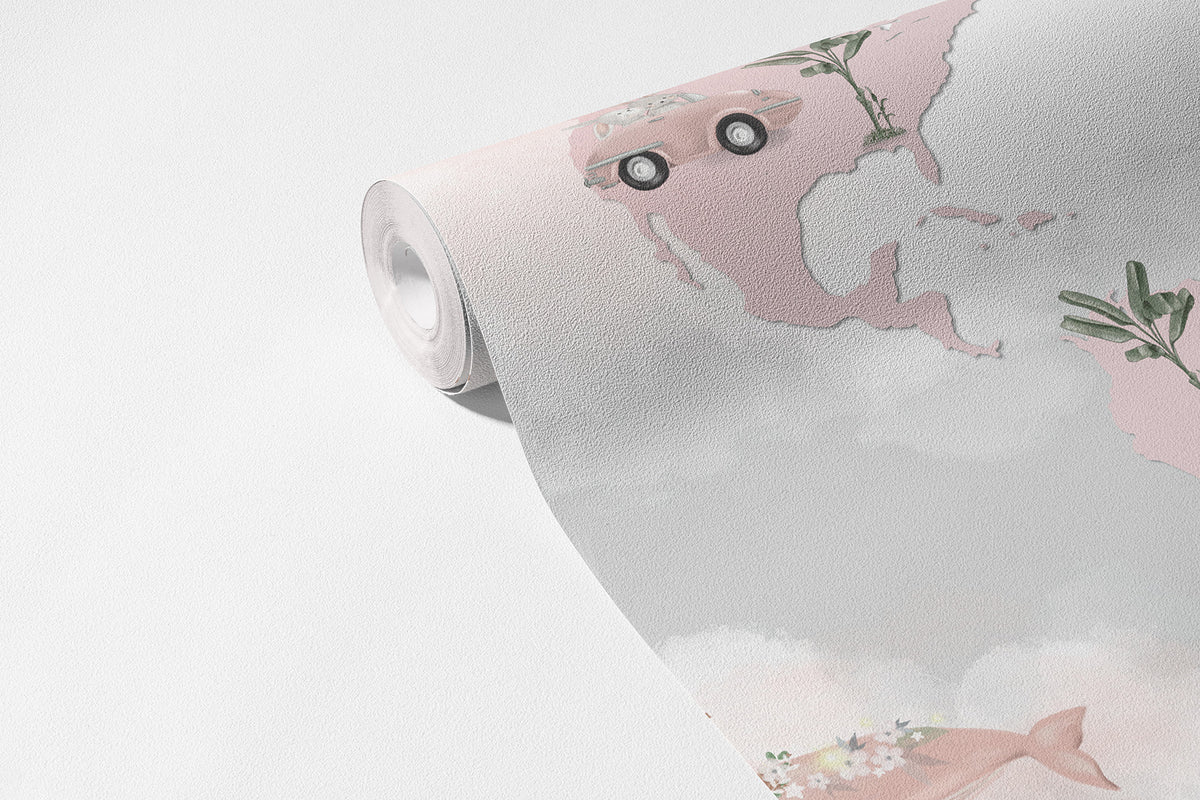 Pembe Dünya Haritası Duvar Kağıdı; 94 cm non-woven rulo üzerinde pembe harita ve hayvan figürleri | Craft Paper Co