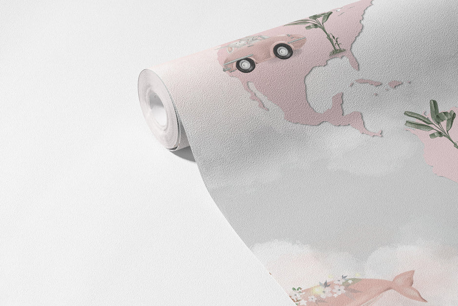 Pembe Dünya Haritası Duvar Kağıdı; 94 cm non-woven rulo üzerinde pembe harita ve hayvan figürleri | Craft Paper Co