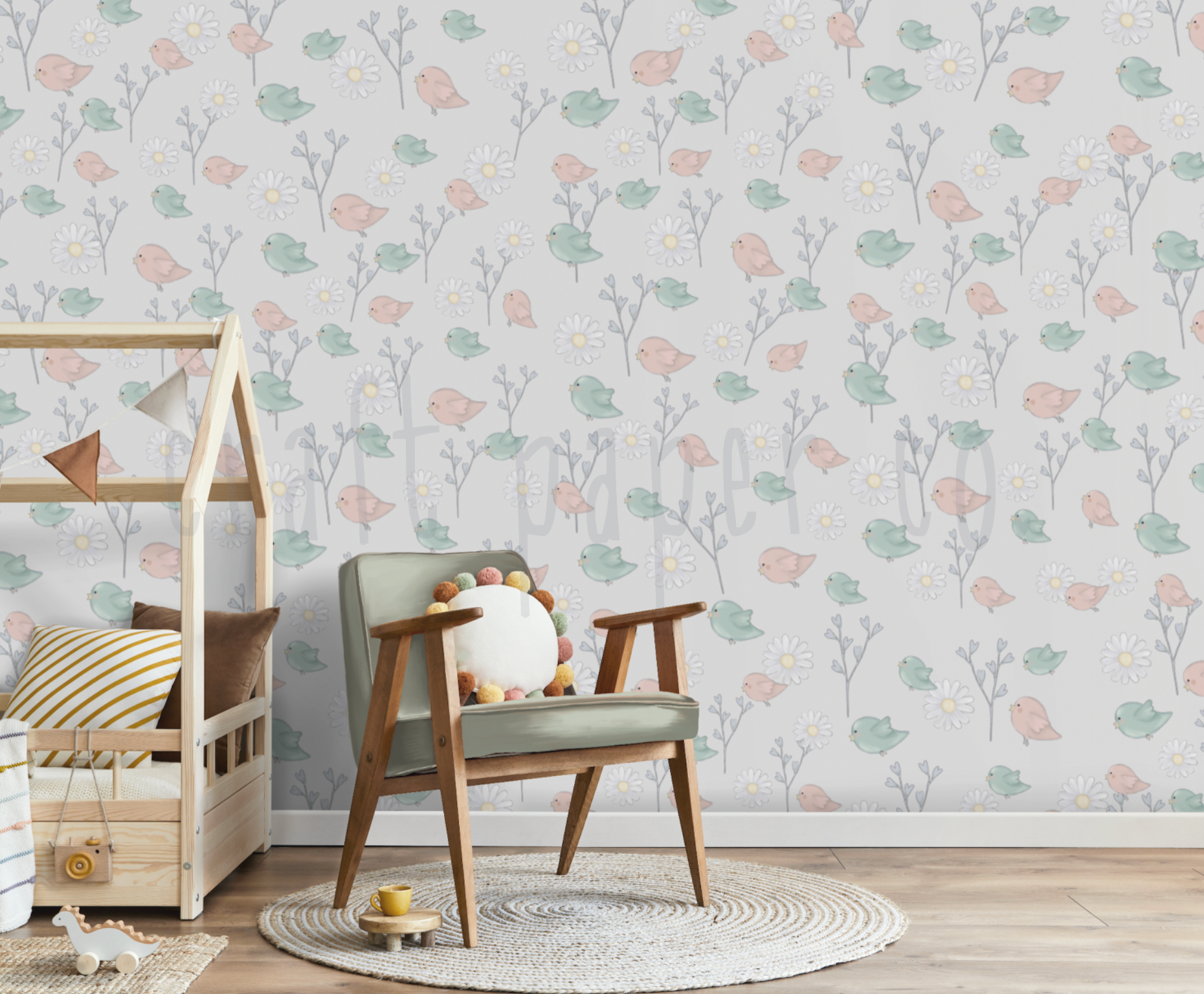 Pembe Ve Mint Kuşlar Kız Çocuk Odası Duvar Kağıdı — El çizimi, ölçüye özel üretim | Craft Paper Co