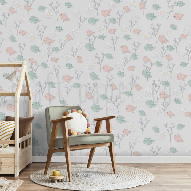 Pembe Ve Mint Kuşlar Kız Çocuk Odası Duvar Kağıdı — El çizimi, ölçüye özel üretim | Craft Paper Co