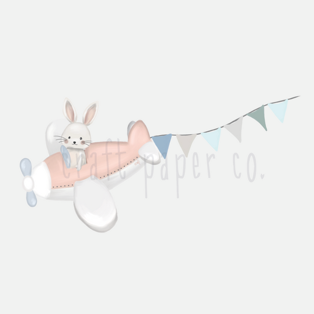 Pilot Tavşan Çocuk Odası Duvar Sticker tasarımı; pembe uçakta pilot tavşan ve arkasında üçgen flamalar | Craft Paper Co