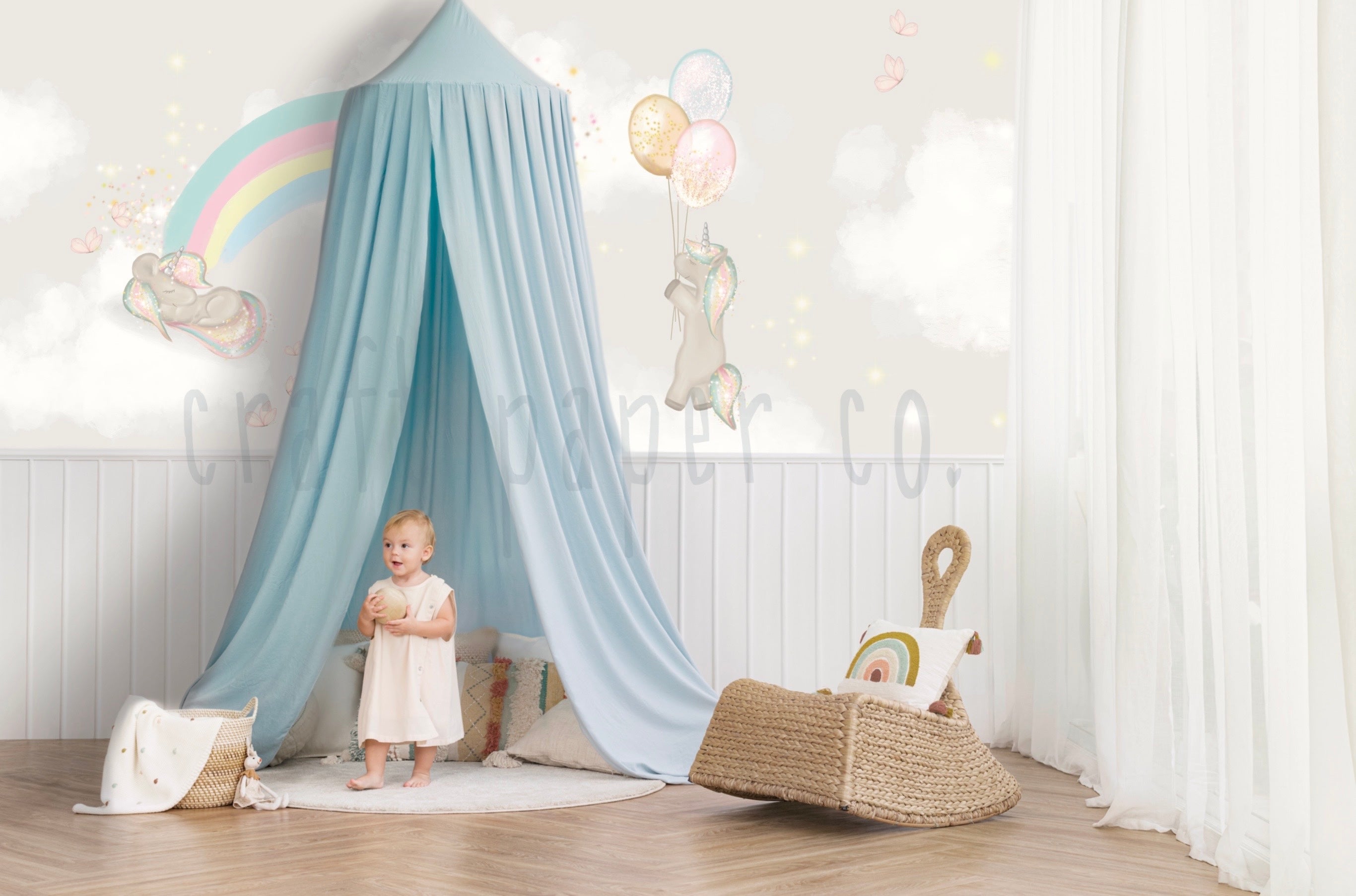 Pırıltılı Unicorn Kız Çocuk Odası Duvar Kağıdı — El çizimi, ölçüye özel üretim | Craft Paper Co