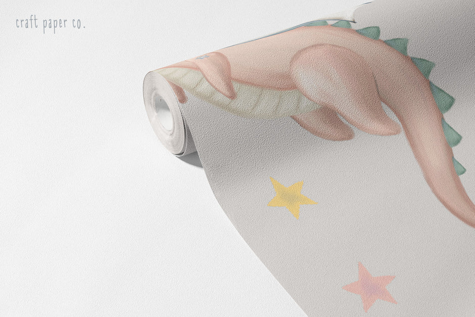 Prenses, Unicorn ve Şato Duvar Kağıdı; açılmış rulo üzerinde bebek ejderha ve yıldızlar | Craft Paper Co