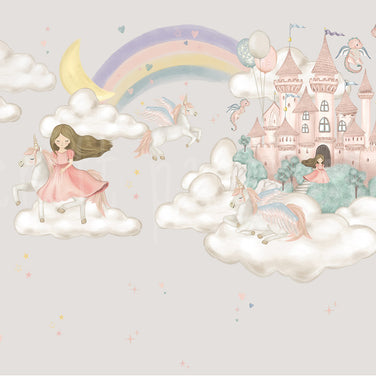 Prenses, Unicorn ve Şato Duvar Kağıdı; bulutlarda unicorna binen prenses, pembe şato ve ejderhalar | Craft Paper Co