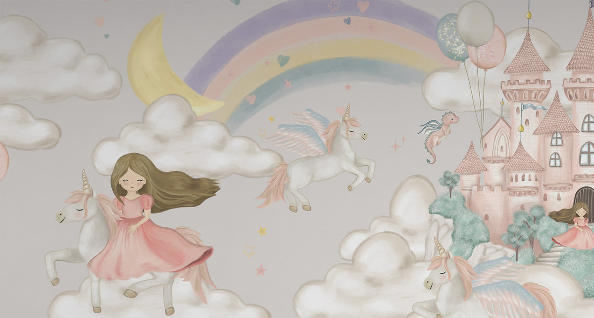 Prenses, Unicorn ve Şato Duvar Kağıdı; unicorna binen prenses, hilal ve pembe şato yakın çekim | Craft Paper Co