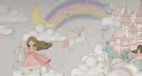 Prenses, Unicorn ve Şato Duvar Kağıdı; unicorna binen prenses, hilal ve pembe şato yakın çekim | Craft Paper Co