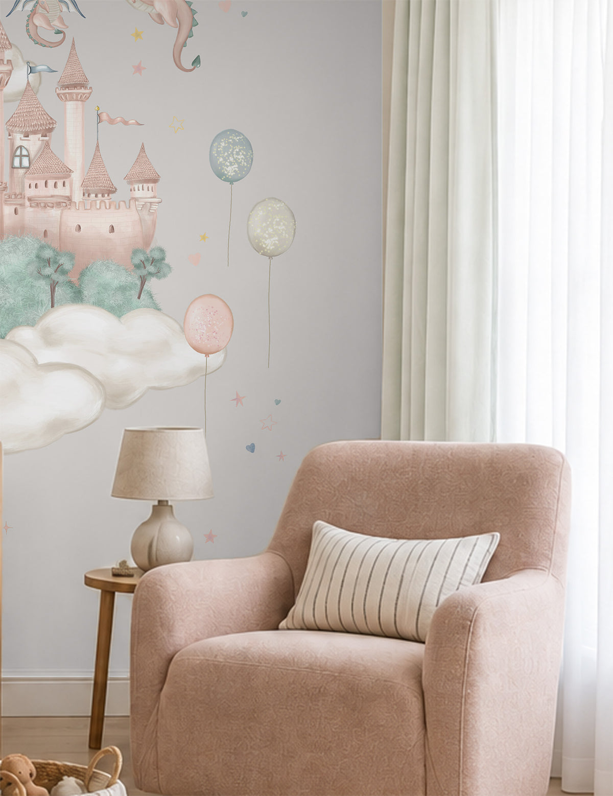 Prenses, Unicorn ve Şato Duvar Kağıdı; pembe berjerin arkasında şato, balonlar ve bulutlar | Craft Paper Co