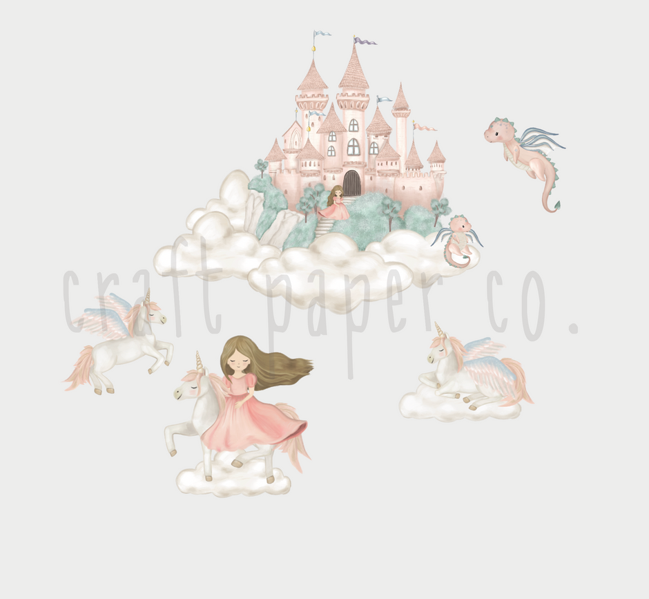 Prenses, Unicorn ve Şato Kız Çocuk Odası Duvar Sticker — El çizimi çocuk odası duvar sticker | Craft Paper Co
