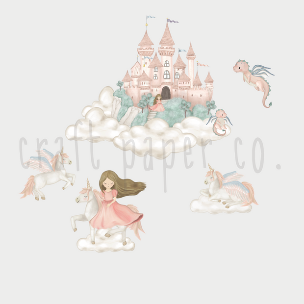 Prenses, Unicorn ve Şato Kız Çocuk Odası Duvar Sticker tasarımı; bulutlar üzerinde pembe şato, prenses, unicornlar ve minik ejderhalar | Craft Paper Co
