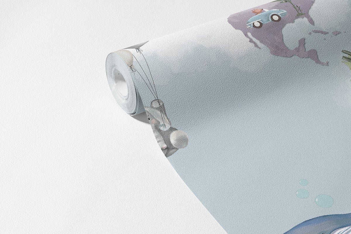 Rengarenk Dünya Haritası Duvar Kağıdı Gökyüzü Mavi; açılmış 94 cm ruloda renkli harita ve hayvanlar | Craft Paper Co