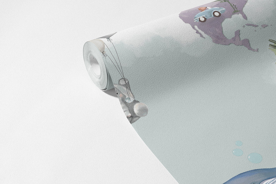 Rengarenk Dünya Haritası Duvar Kağıdı Tatlı Mint; açılmış 94 cm ruloda renkli harita ve hayvanlar | Craft Paper Co