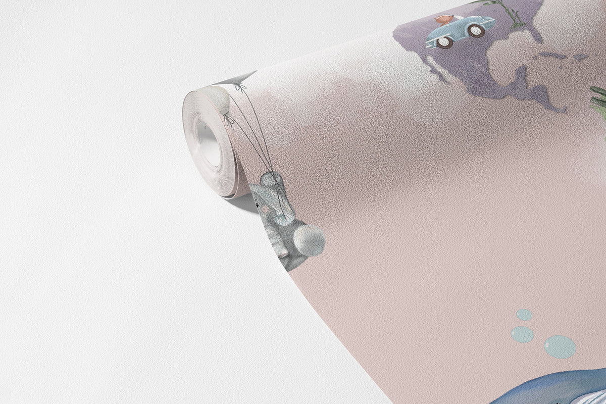 Rengarenk Dünya Haritası Duvar Kağıdı Tatlı Pembe; açılmış 94 cm ruloda renkli harita ve hayvanlar | Craft Paper Co