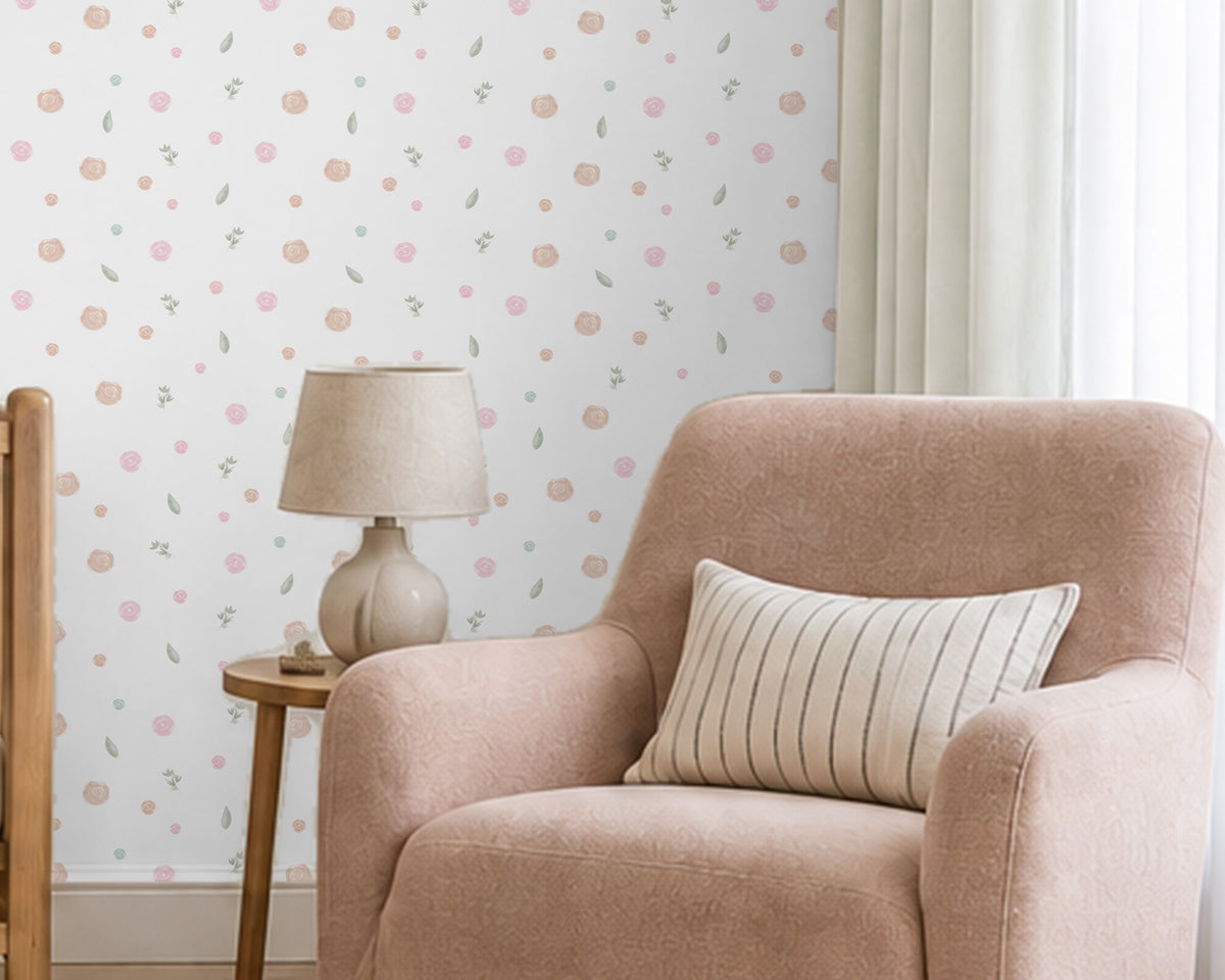 Sweet Mini Flowers Wallpaper Mural; close-up of watercolor mini roses behind a powder pink armchair and lamp | Craft Paper Co