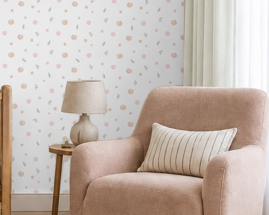 Sweet Mini Flowers Wallpaper Mural; close-up of watercolor mini roses behind a powder pink armchair and lamp | Craft Paper Co