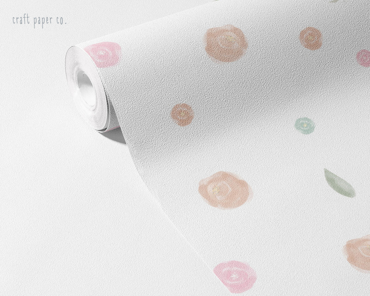Sweet Mini Flowers Wallpaper Mural; pink and peach mini roses on an unrolled roll | Craft Paper Co