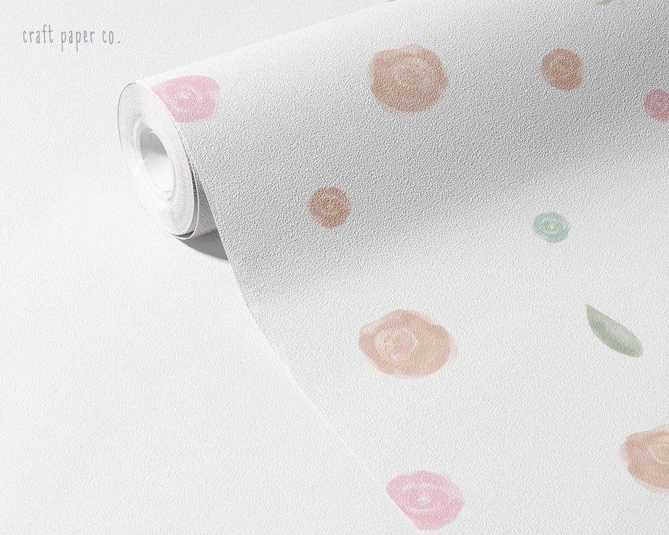 Sweet Mini Flowers Wallpaper Mural; pink and peach mini roses on an unrolled roll | Craft Paper Co