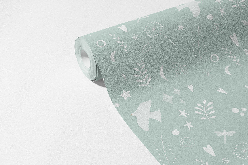 Sihirli Semboller Duvar Kağıdı; 94 cm non-woven rulo üzerinde kuş, ay, yıldız ve yaprak motifleri | Craft Paper Co