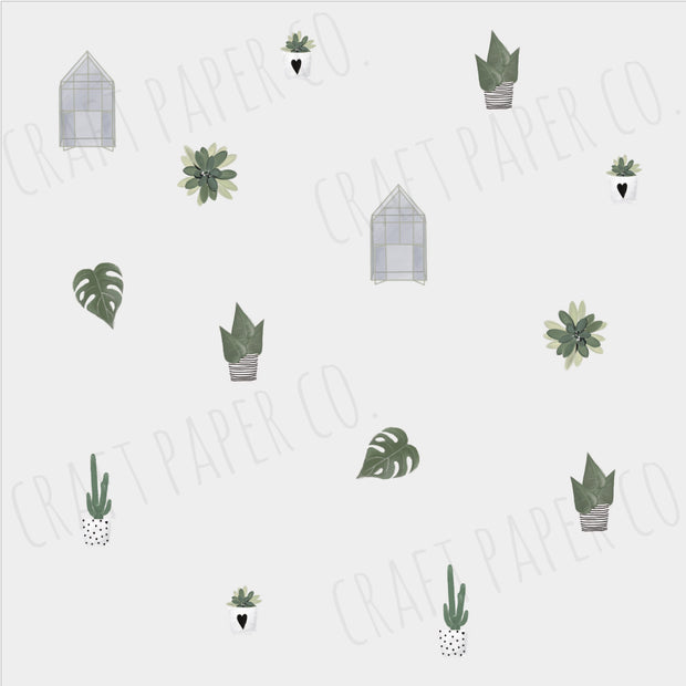 Sukulent, Kaktüs ve Sera Mini Sticker Seti; saksılı bitkilerin ve seranın duvara dağılmış yerleşimi | Craft Paper Co