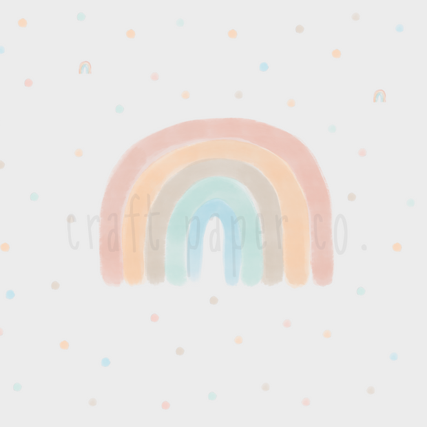 Suluboya Bohem Gökkuşağı ve Puantiyeler Duvar Sticker; açık gri fonda pastel gökkuşağı ile dağınık renkli puantiyeler | Craft Paper Co