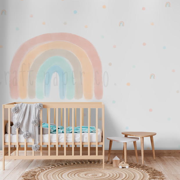 Suluboya Bohem Gökkuşağı Ve Puantiyeler Çocuk Odası Duvar Sticker; ahşap karyolalı odada duvarda pastel gökkuşağı ve puantiyeler | Craft Paper Co