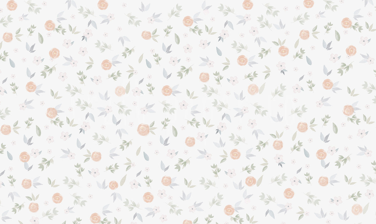 Suluboya Çiçekli Duvar Kağıdı; beyaz fonda bej güller, gri-yeşil yapraklar, minik beyaz çiçekler, düz desen | Craft Paper Co