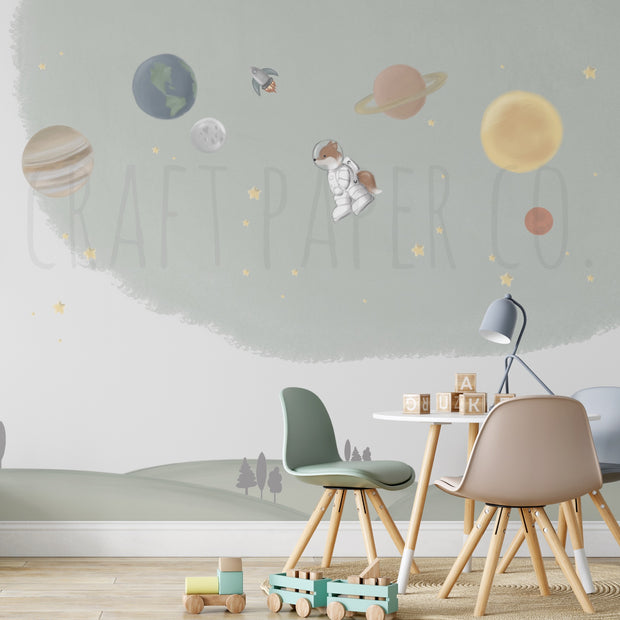 Suluboya Efektli Uzay Erkek Çocuk Odası Duvar Kağıdı — El çizimi, ölçüye özel üretim | Craft Paper Co