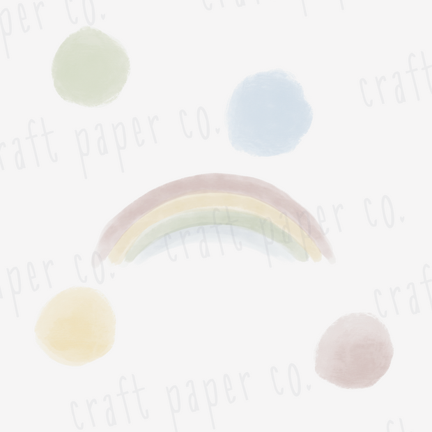 Suluboya Gökkuşağı ve Puantiyeler Duvar Sticker tasarımı; açık fonda pastel gökkuşağı ile yeşil, mavi, sarı ve pudra iri puantiyeler | Craft Paper Co