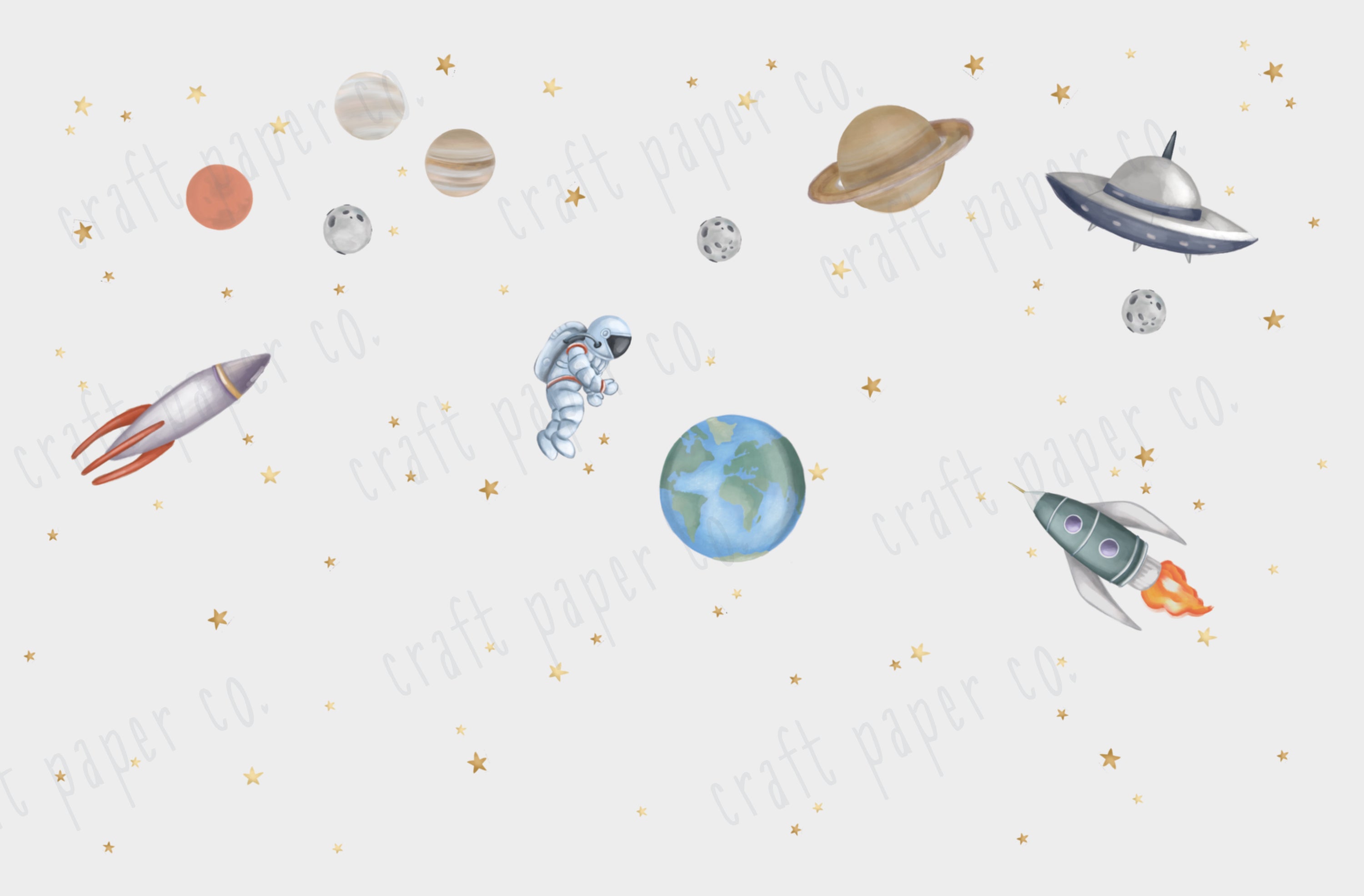 Suluboya Uzay Sticker Seti Erkek Çocuk Odası Duvar Sticker — El çizimi çocuk odası duvar sticker | Craft Paper Co