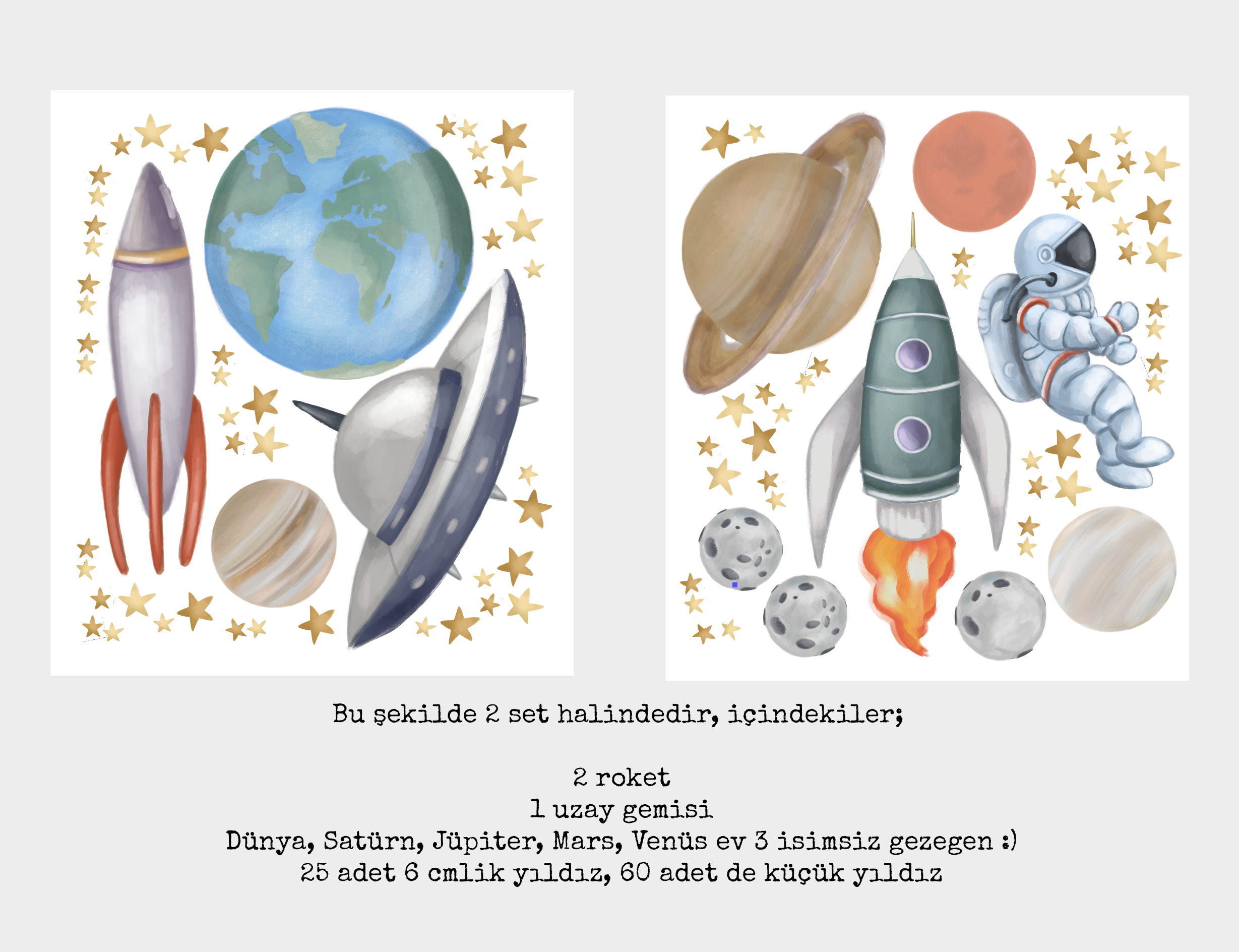 Suluboya Uzay Sticker Seti Erkek Çocuk Odası Duvar Sticker — detay görünümü 2 | Craft Paper Co