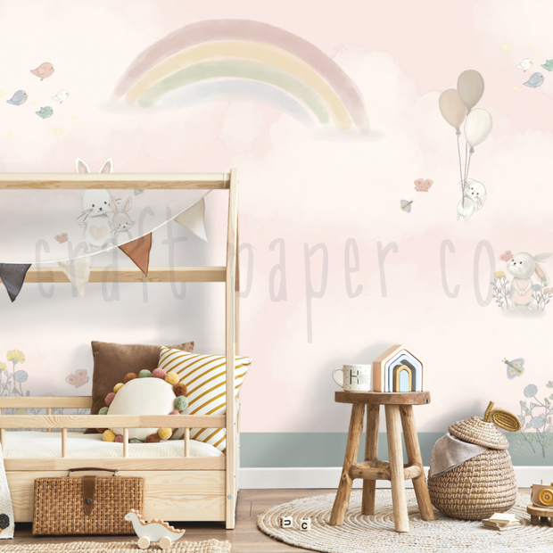Tatlı Gökkuşağı Ve Tavşanlar Çocuk Odası Duvar Kağıdı — El çizimi, ölçüye özel üretim | Craft Paper Co