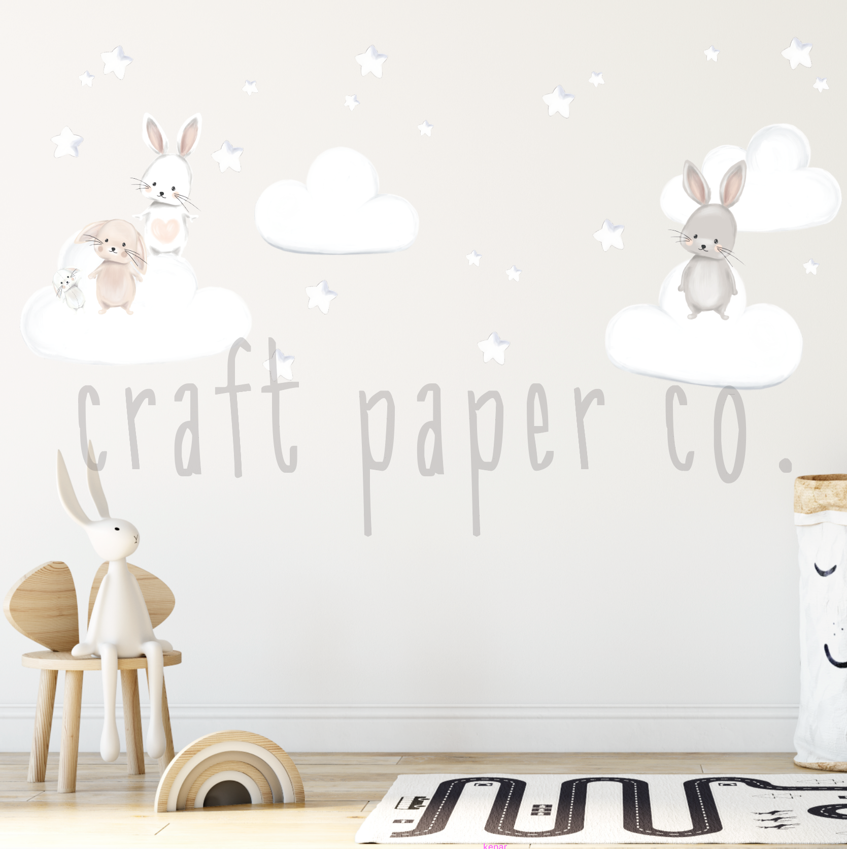 Tavşan Ailesi Ve Pofidik Bulutlar Bebek Odası Duvar Sticker — El çizimi çocuk odası duvar sticker | Craft Paper Co