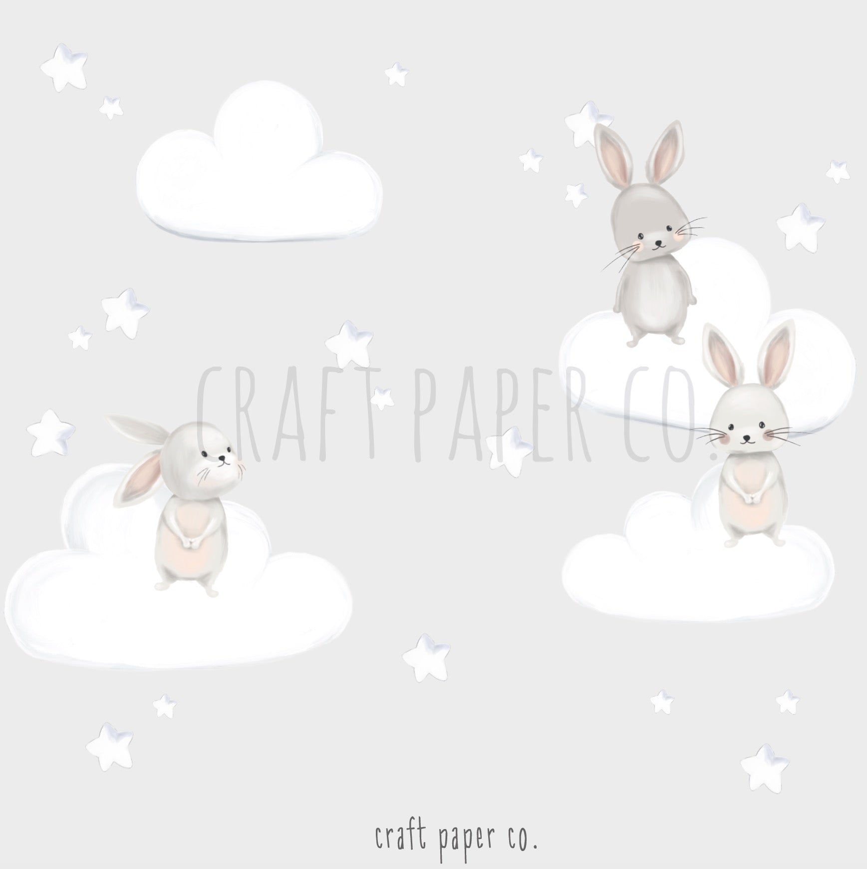 Tavşan Arkadaşlar ve Pofidik Bulutlar Bebek Odası Duvar Sticker — detay görünümü | Craft Paper Co