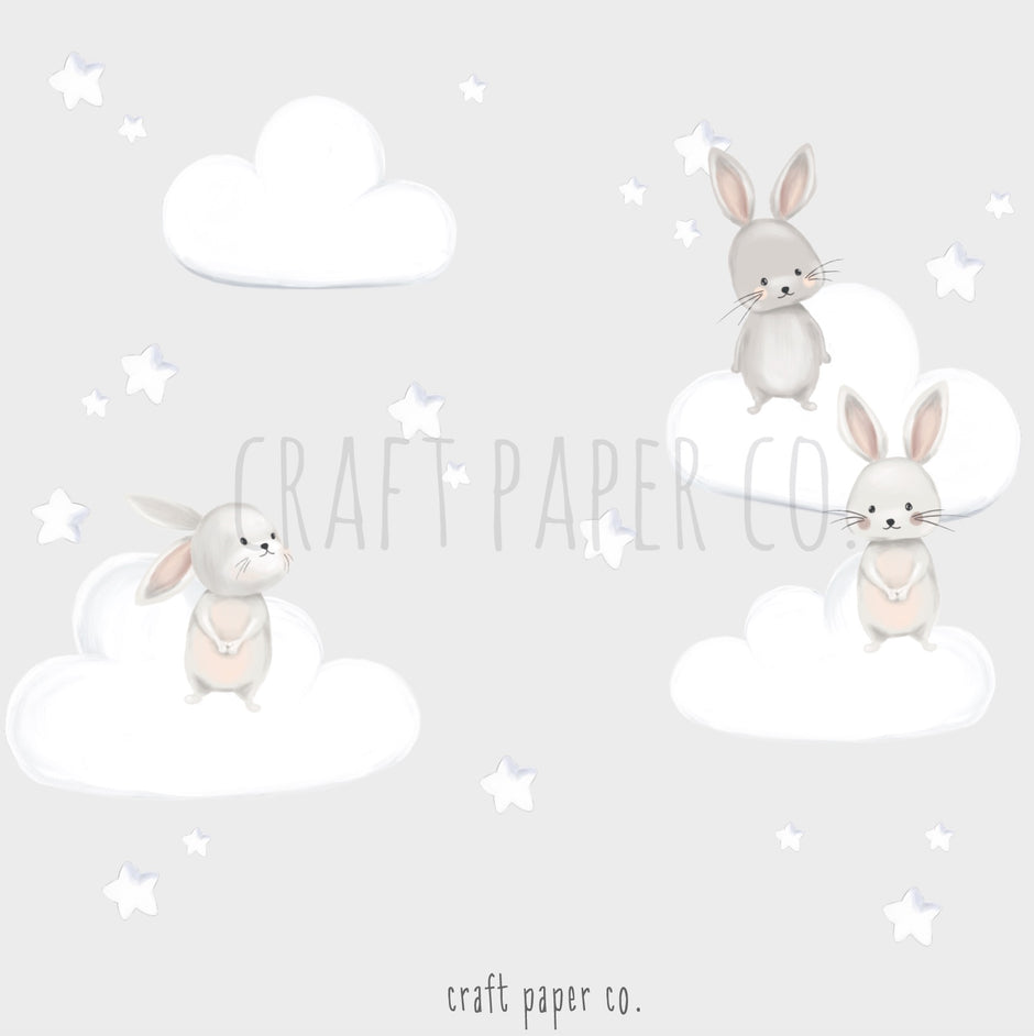 Tavşan Arkadaşlar ve Pofidik Bulutlar Bebek Odası Duvar Sticker — detay görünümü | Craft Paper Co