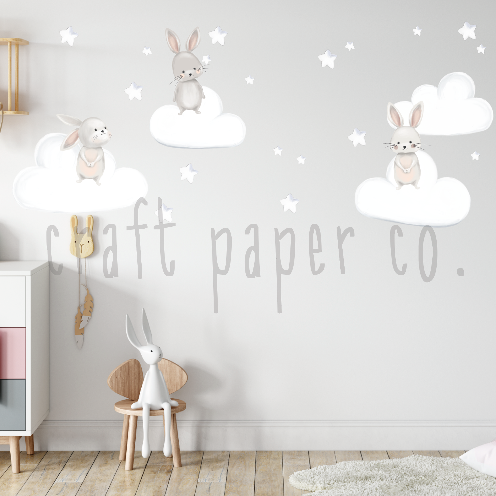 Tavşan Arkadaşlar Ve Pofidik Bulutlar Bebek Odası Duvar Sticker — El çizimi çocuk odası duvar sticker | Craft Paper Co