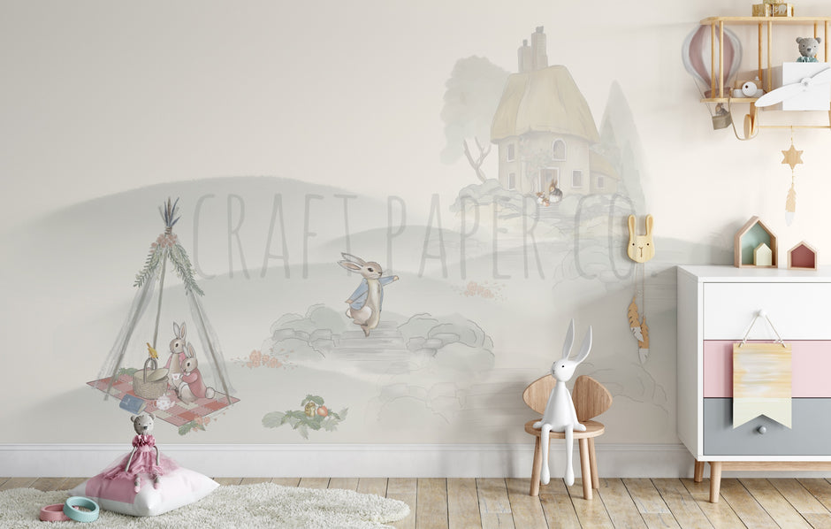 Tavşan Masalı (Kız Çocuk) Çocuk Odası Duvar Kağıdı — El çizimi, ölçüye özel üretim | Craft Paper Co