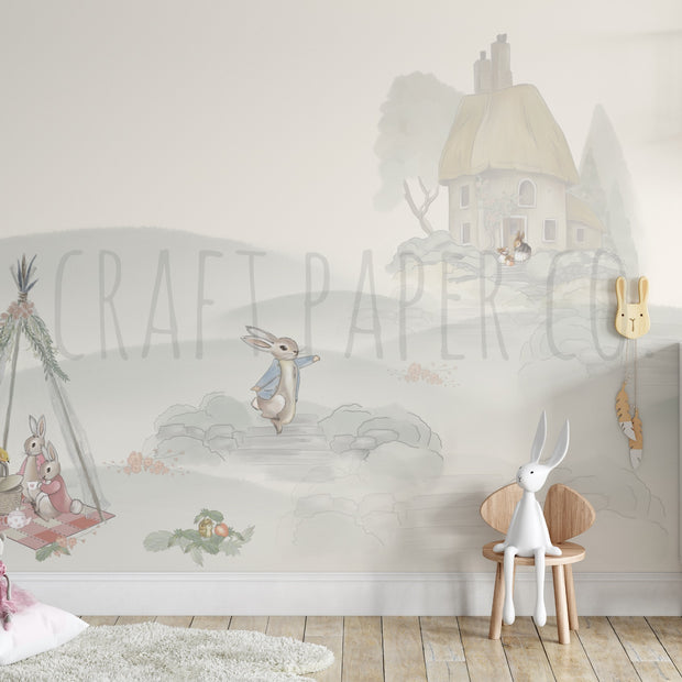 Tavşan Masalı (Kız Çocuk) Çocuk Odası Duvar Kağıdı — El çizimi, ölçüye özel üretim | Craft Paper Co