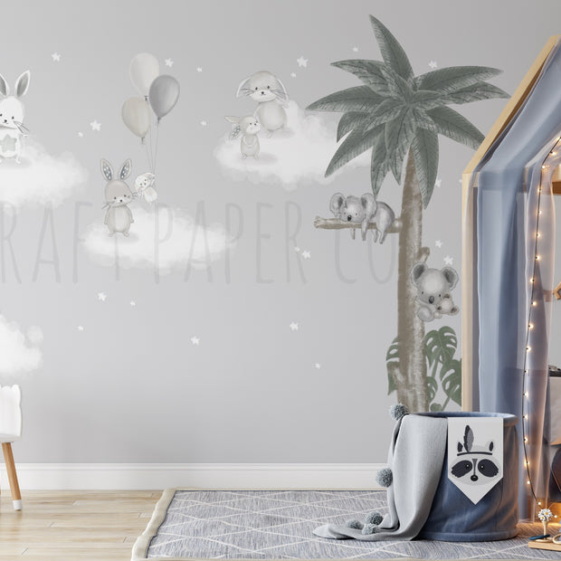 Tavşancıklar Ve Koala Ailesi Çocuk Odası Duvar Kağıdı — El çizimi, ölçüye özel üretim | Craft Paper Co