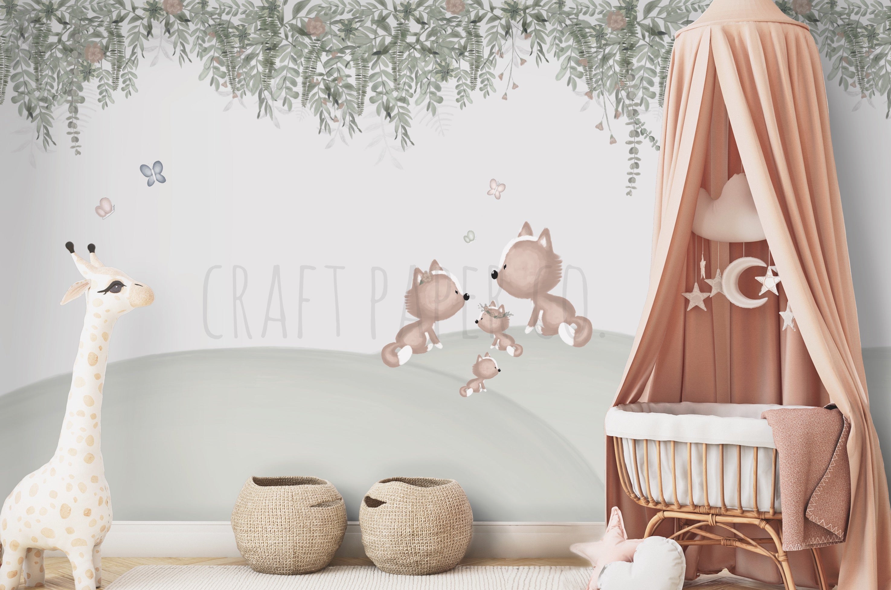 Tilki Ailesi Ve Sarmaşıklar Çocuk Odası Duvar Kağıdı — El çizimi, ölçüye özel üretim | Craft Paper Co