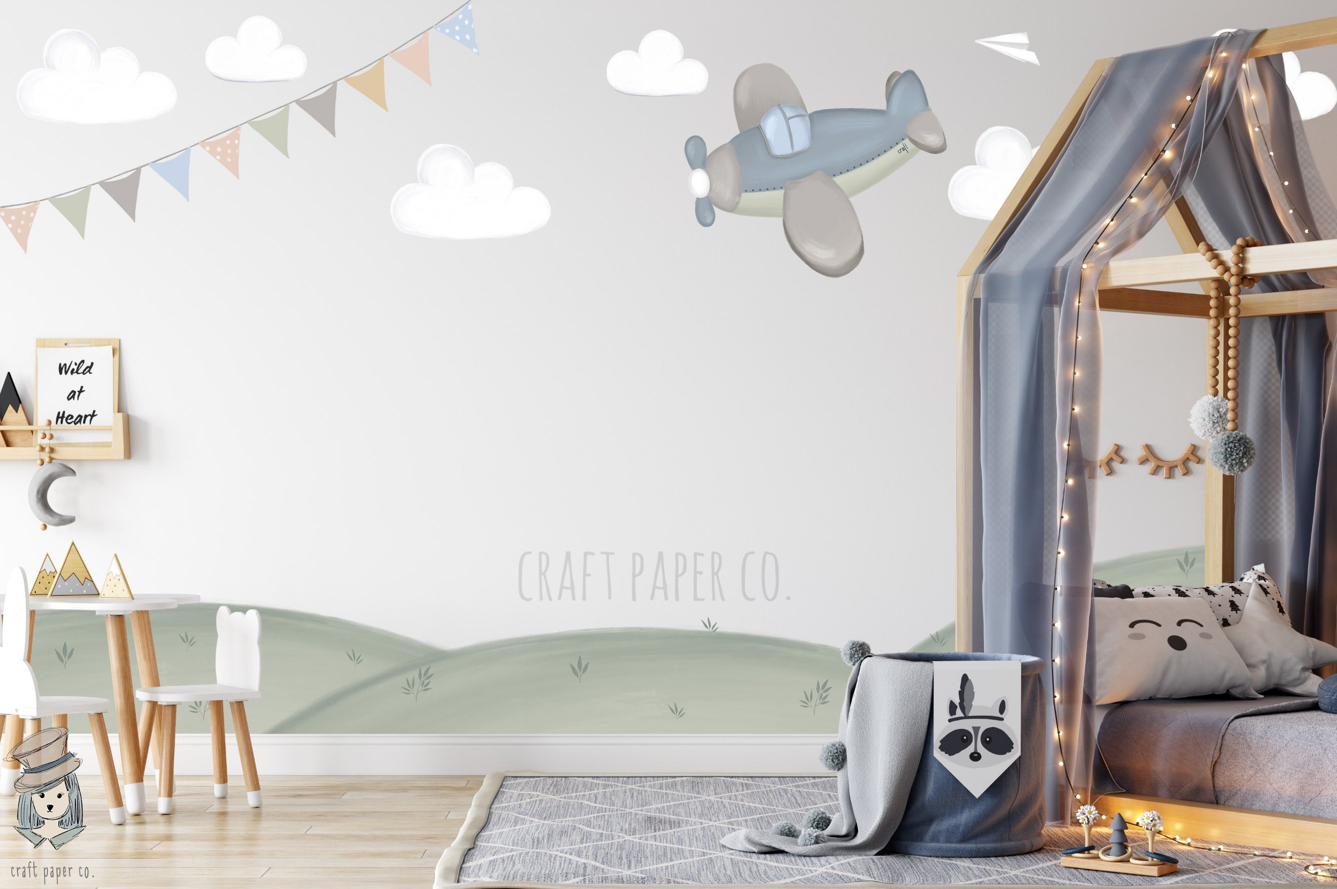 Uçak Ve Bayrak Çocuk Odası Duvar Kağıdı — El çizimi, ölçüye özel üretim | Craft Paper Co