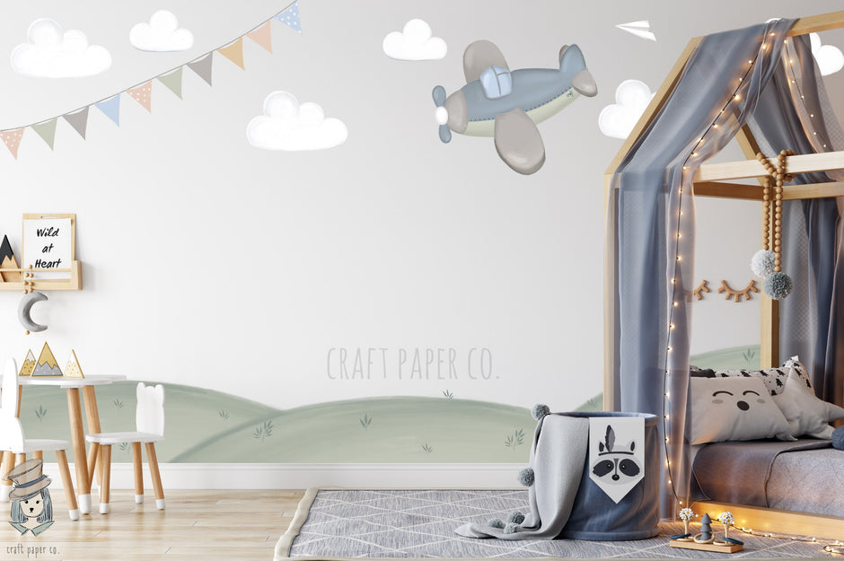 Uçak Ve Bayrak Çocuk Odası Duvar Kağıdı — El çizimi, ölçüye özel üretim | Craft Paper Co