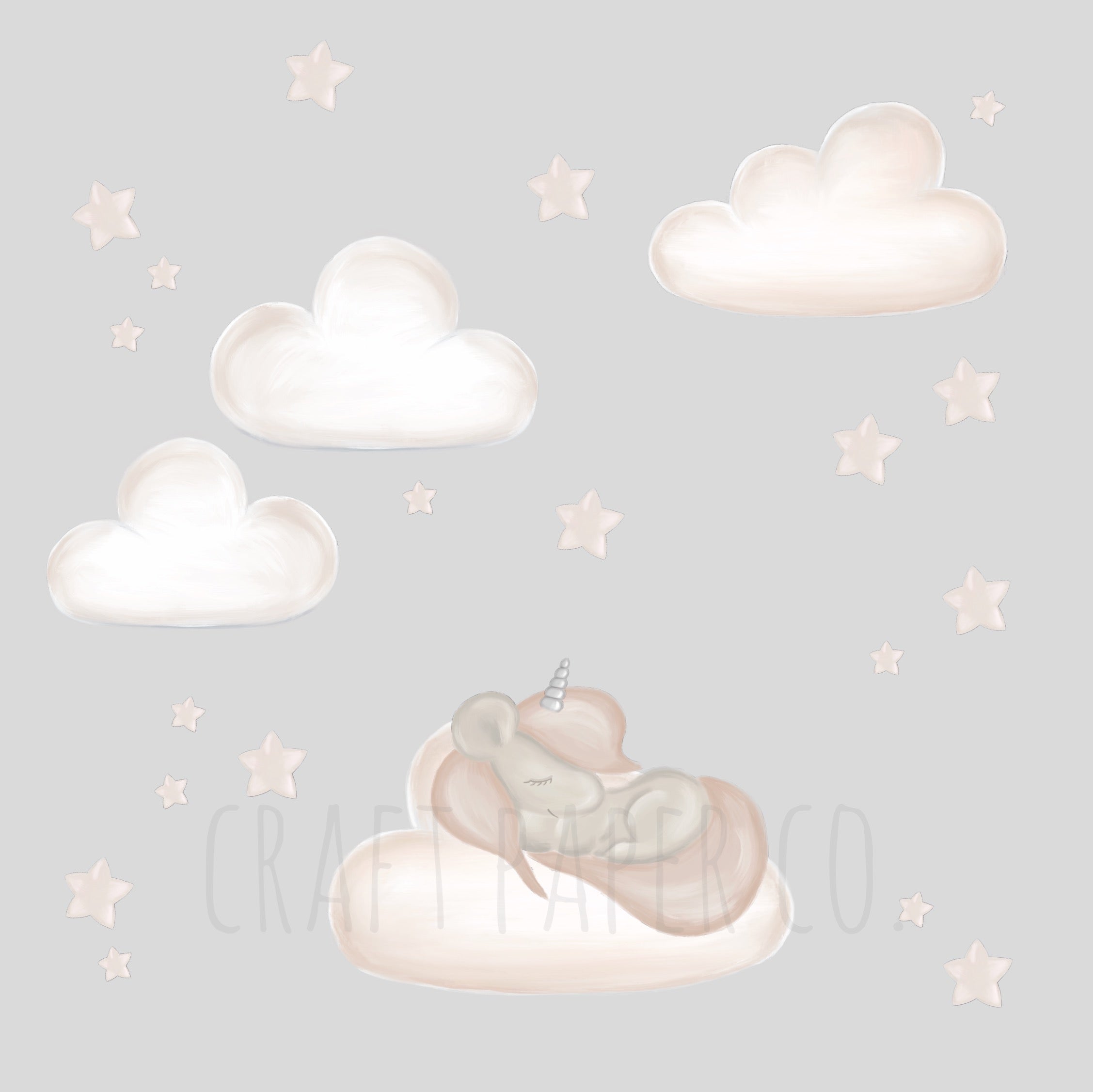Uyuyan Unicorn Ve Pamuk Şekeri Bulutlar Kız Çocuk Odası Duvar Sticker — El çizimi çocuk odası duvar sticker | Craft Paper Co