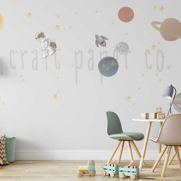 Uzay Sticker Seti; çocuk masası ve ev raflarının üstünde duvarda gezegenler, roket, astronot ve yıldızlar | Craft Paper Co