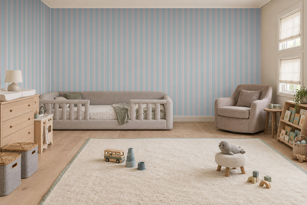 Burgundy & Dusty Blue Stripe Wallpaper Mural; stripes wrapping onto the side wall in a teen room | Craft Paper Co